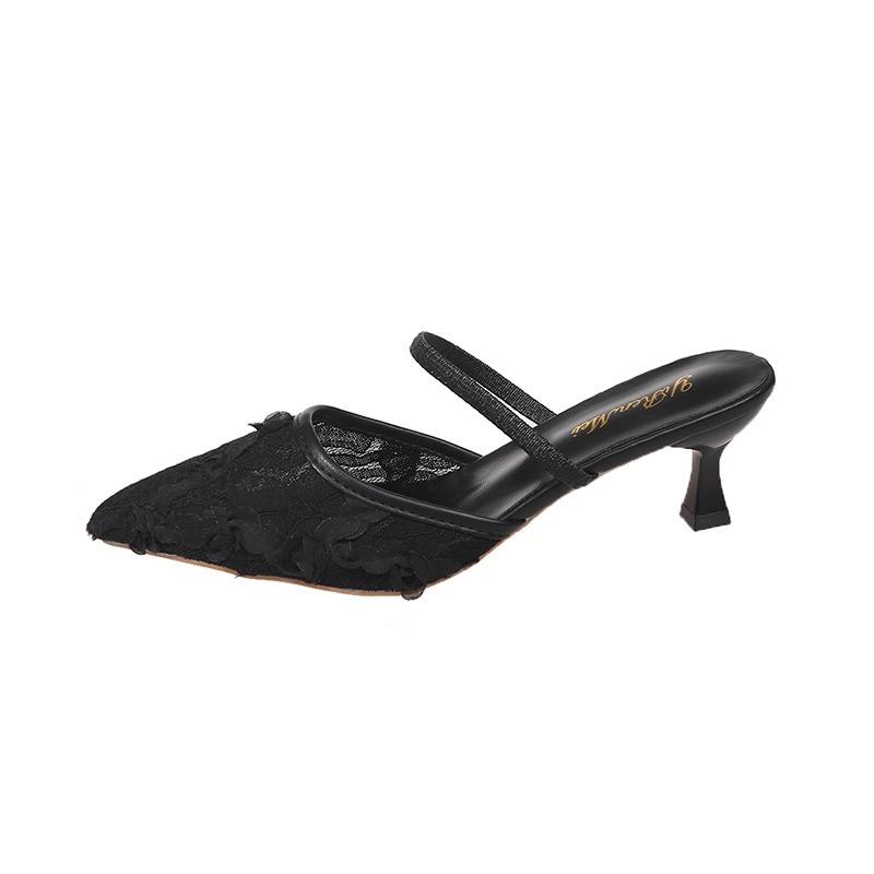 High heels women's spring and summer new bag head half drag temperament pointed lace mesh stiletto slippers women
