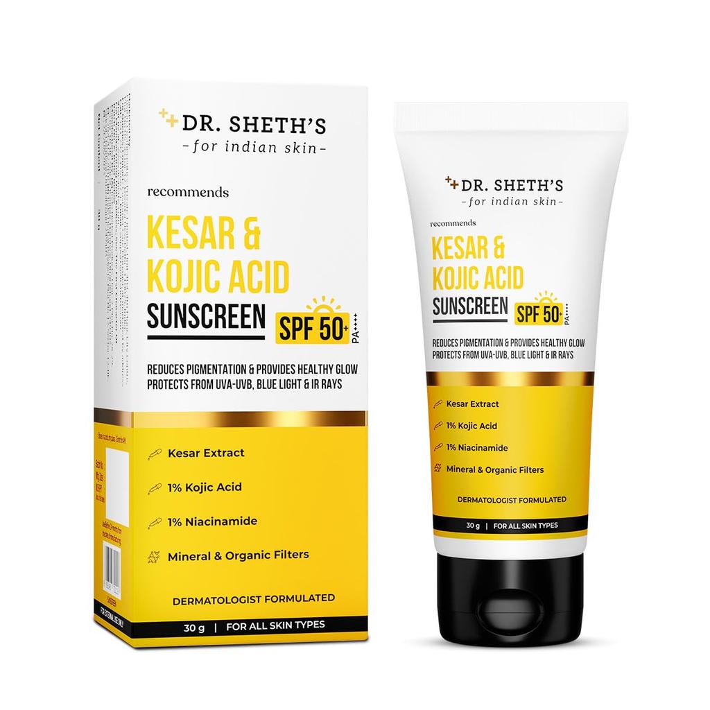 Dr. Sheth's Kesar & Kojic Acid Sunscreen SPF 50+ Pa++++ |In-Vivo Tested | For Pigmentation-Free Skin | Lightweight & Non Greasy | For UVA/UVB & B