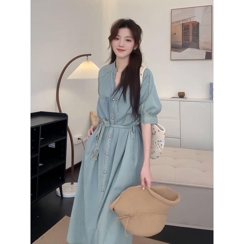 

Европейские товары Модное ретро джинсовое платье Женское летнее Маленькое на шнуровке Свободная талия Стройнящее Молодящее Облегающее Длинное платье Denim Skirt S([40.00 kg-50.00 kg]])