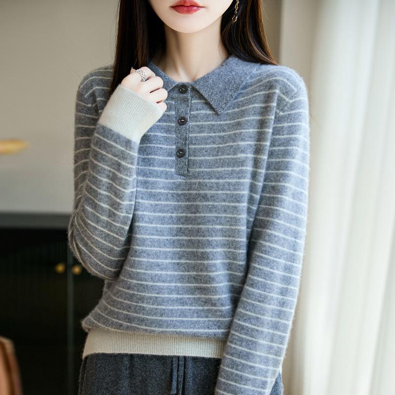 Women's Striped Color Block Polo Neck Knit Sweater - Long Sleeve, Autumn/Winter Top