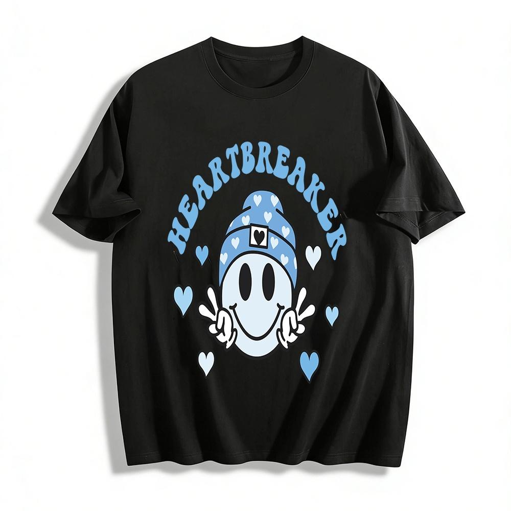 Heartbreaker Cute Smiley Heart Print Casual Crewneck T-Shirt Pure cotton T-shirt XXS