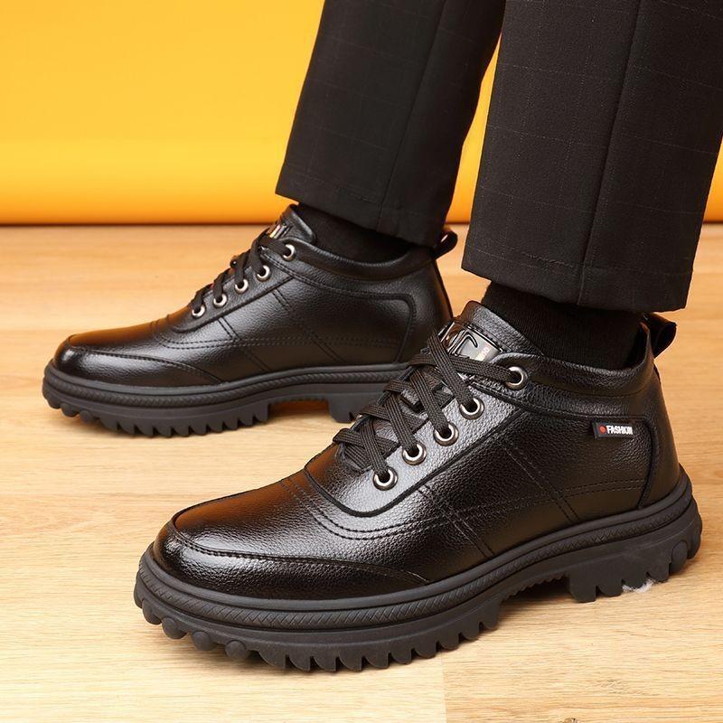 Genuine leather cowhide men's cotton shoes winter velvet thermal cotton leather shoes men's high-top cotton shoes