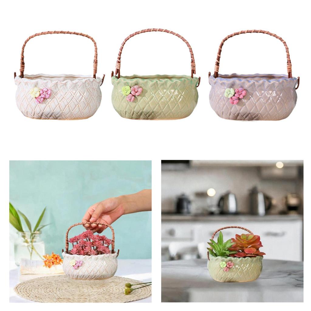Handheld Basket Planter Container Decorative Ornament Planting Pot Cute Gardening Ceramic Flower Pot for Home Office Desktop