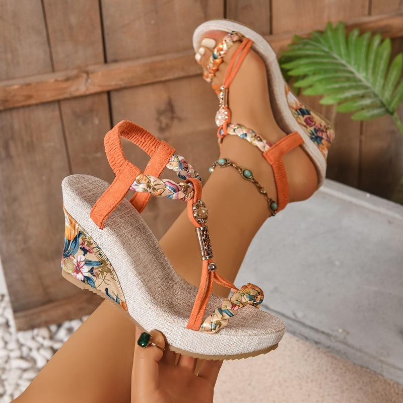 Large size wedge heel sandals women's new platform high heel open toe woven elastic sandals