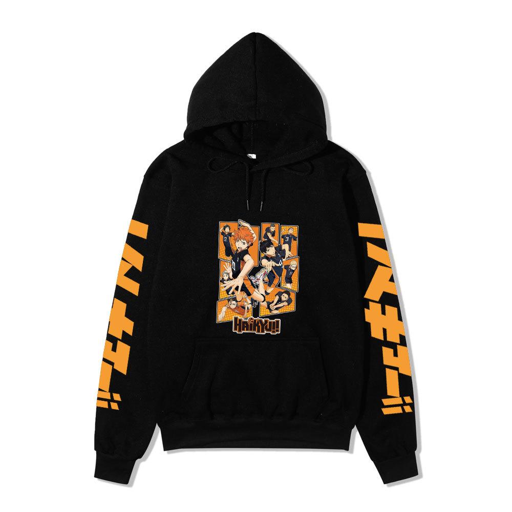 Haikyuu Karasuno Team Collage Unisex Fleece Hoodie Orange Japanese Vertical Letter Sleeve Volleyball Anime Pullover Sweatshirt
