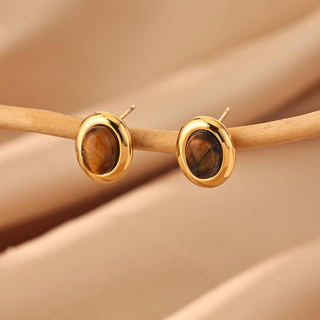 Oval Pearl‑Amber‑Stone 18K Gold‑Plated Stud Earrings, Versatile Women Ear Jewelry