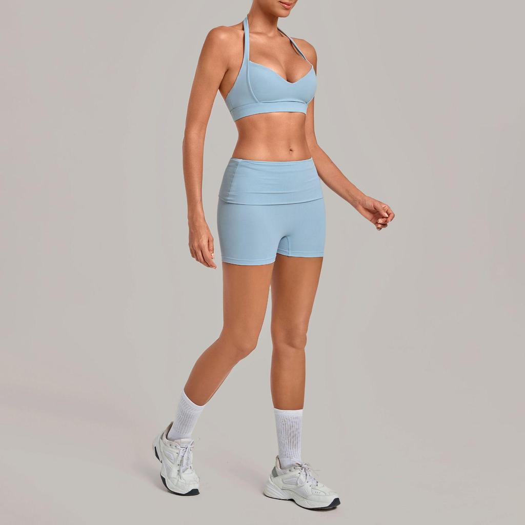 Women's Halter Backless Pleated Yoga Set - Tight Fit, Hip-Revealing Sportswear
