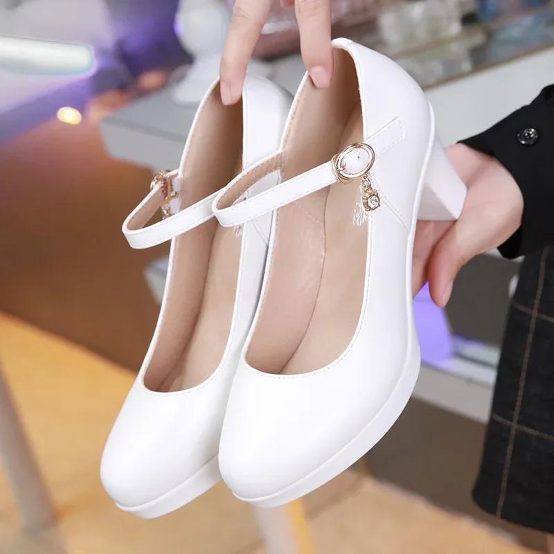 6 8 11 13cm Small Size 32-43 Comfortable Soft Leather Shoes Mary Janes 2025 Womens Block High Heels Shoes Dress Office Model Mom