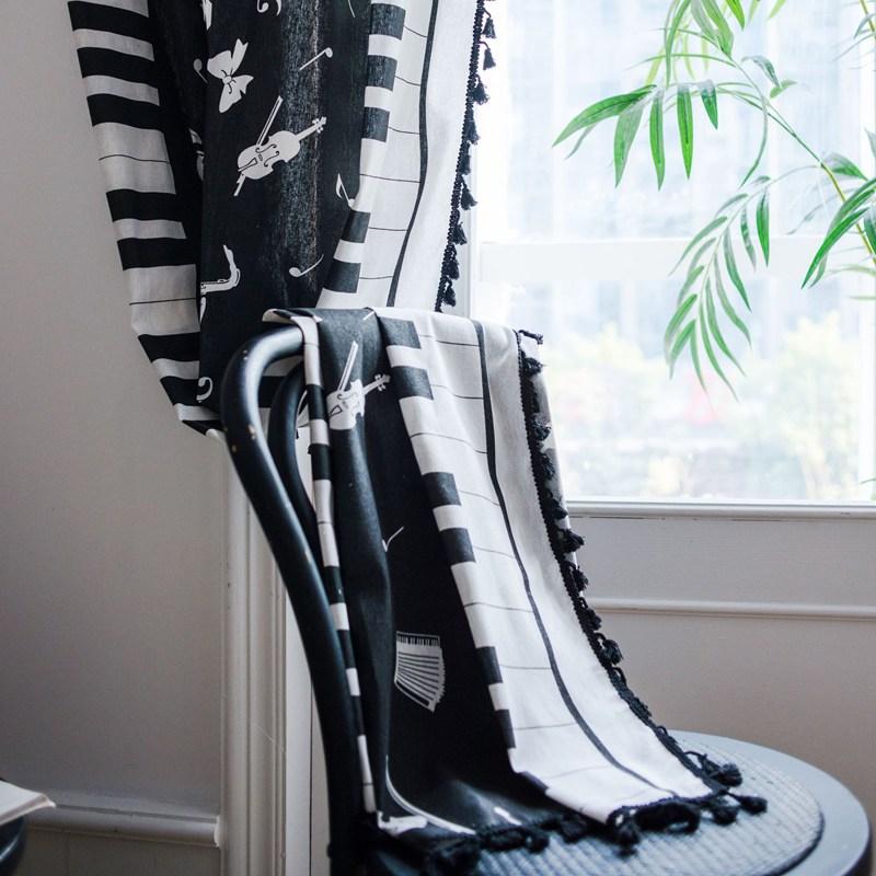

Cotton Linen black and white piano Prints Curtain Thick Blackout Black Tassel Curtains for Living Room American Retro Valance W150 x H160cm&Threading Rod