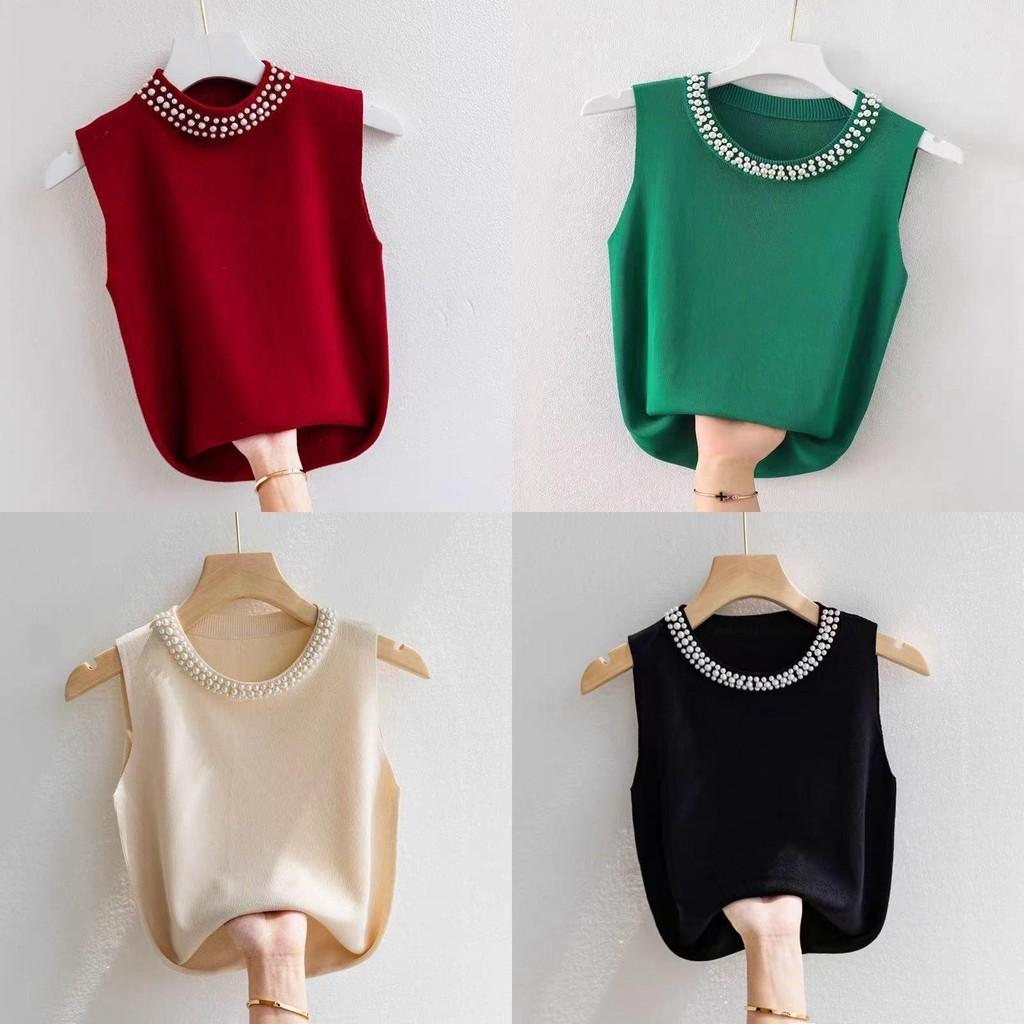 Summer Womens Knitted Tank Top With Pearl Embellishments For Casual Wear
