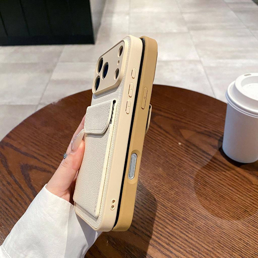 For iPhone 17 Pro Max Case Solid Color PU Leather TPU Phone Cover with Card Holder Kickstand