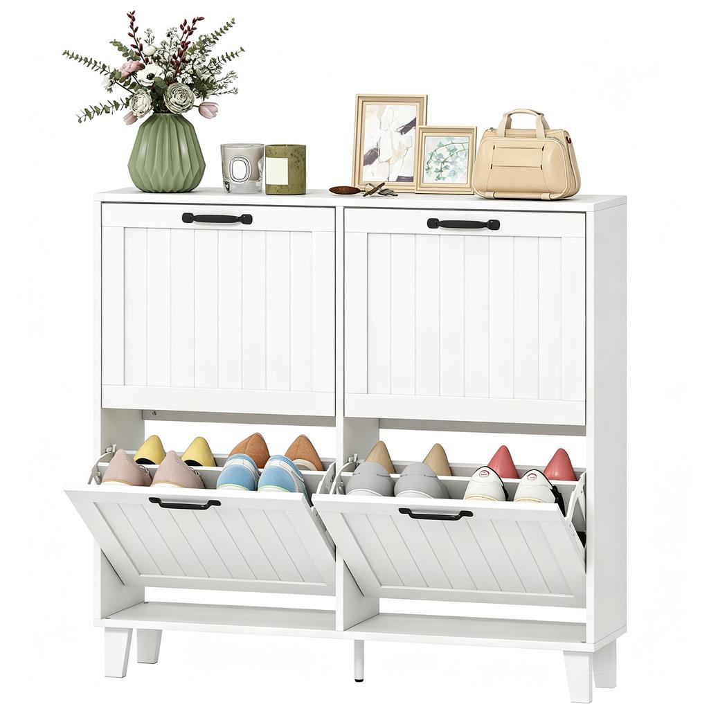 Space-Saving Shoe Cabinet, 4 Folding Drawers, Adjustable Shelves, White