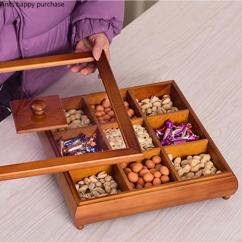 Solid Wood with Cover Dried Fruit Box Snack Storage Box Chinese Style Nut Dried Fruit Plate Living Room Home Sorting Container