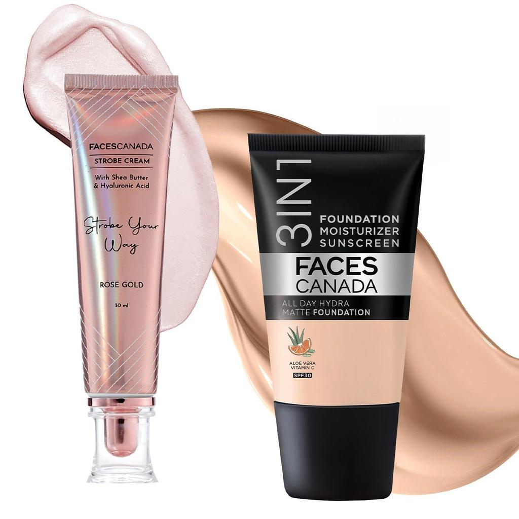 Kit FACESCANADA Rose Glow | Crema stroboscopica oro rosa (30ml) + Fondotinta mini caldo naturale All Day Hydra Matte (18ml) | Kit Trucco Per Donne (Combo