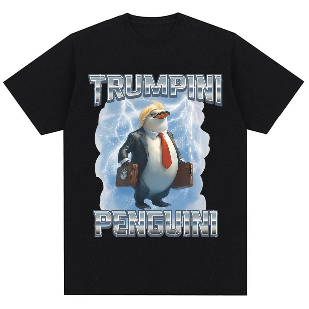 Funny Trumpini Penguini Meme Print T Shirt Italian Brainrot Humor Trendy Short Sleeve Men Women Loose Cotton T-Shirts Streetwear