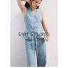 V Neck Sleeveless Waist Denim Vest 17071272 High Waist Loose Wide Legs Length Denim 17091272