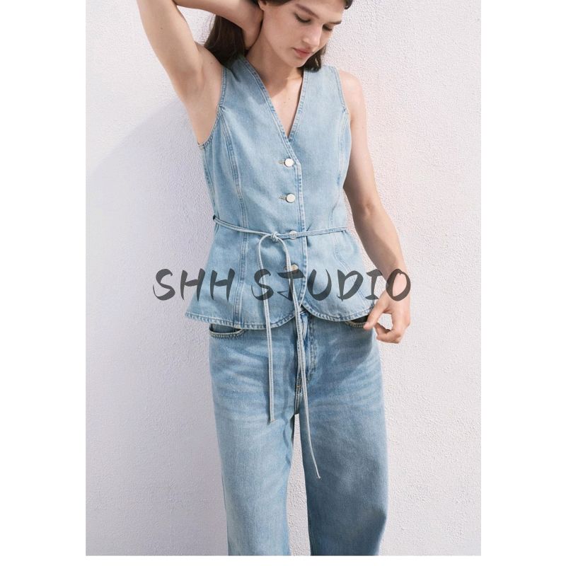 V Neck Sleeveless Waist Denim Vest 17071272 High Waist Loose Wide Legs Length Denim 17091272
