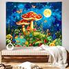 Enchanted Mushroom Tapestry, Whimsical Red Mushroom Garden With Moonlight And Flowers Wall Art For Calm And Dreamy Room Decor