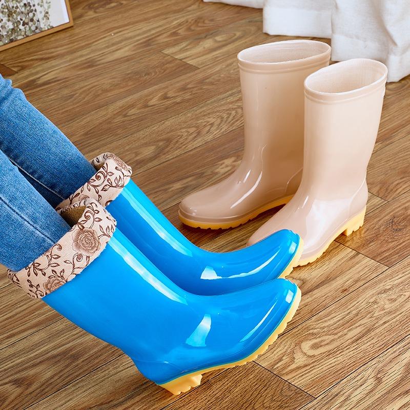 Medium Tube Four-season Rain Shoes Women's Warm Special Shoes Medium Top Non-slip Water Boots Velvet Rain Boots Work