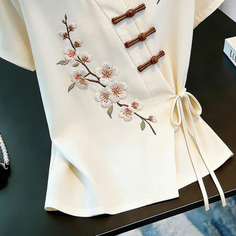 Summer V Neck Chinese Embroidery Blouse Women Oblique Frog Buttons Tie Loose Casual Shirt