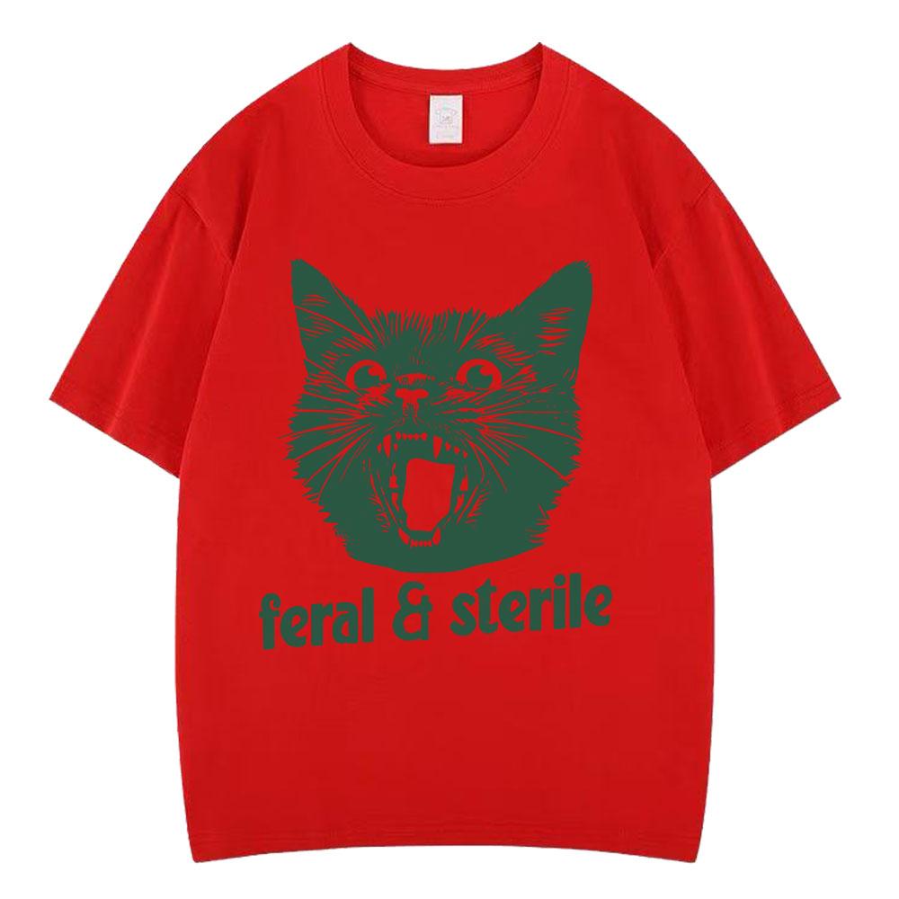 Feral and Sterile Funny Cat Meme Tees Humor Quote Novelty Tshirts Men Women Fashion Oversized Cotton Casual Harajuku Tshirts S
