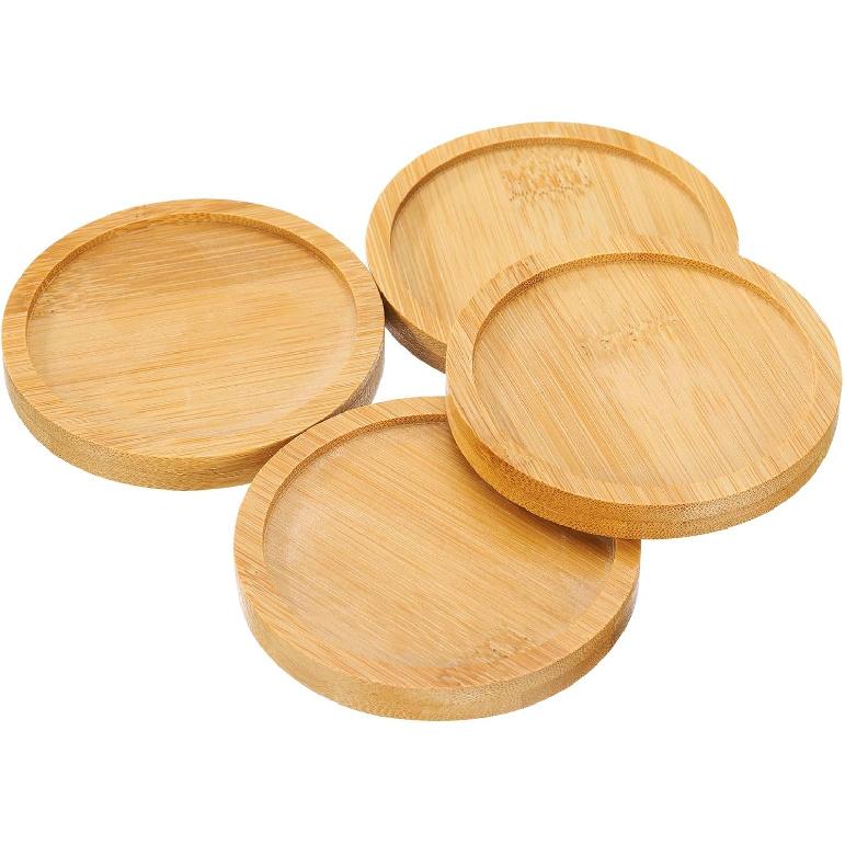 uxcell 4PCS Mosaic Bamboo Coasters, 3.7 Inch Blank Base Trays, Round Drinking Cup Coaster, Wooden Drinks Coasters for Coffee Table Dining Table