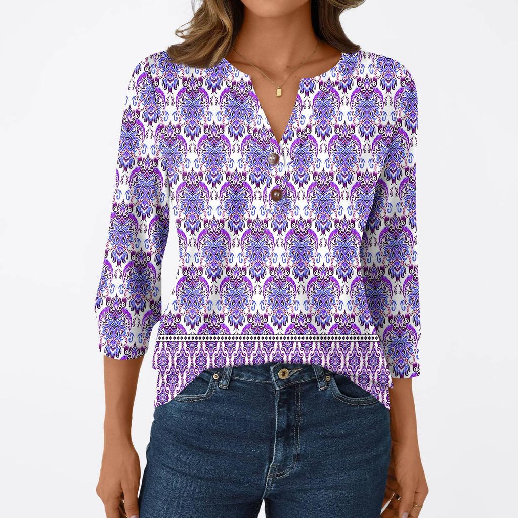 T-shirt Manches 3/4 Décontracté Mode Femme Imprimés Col V Boutonné