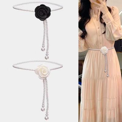 Women Waist Chain Camellia Decor Faux Pearl Single Layer Adjustable Size Waist Belt Various Outfit Accessories