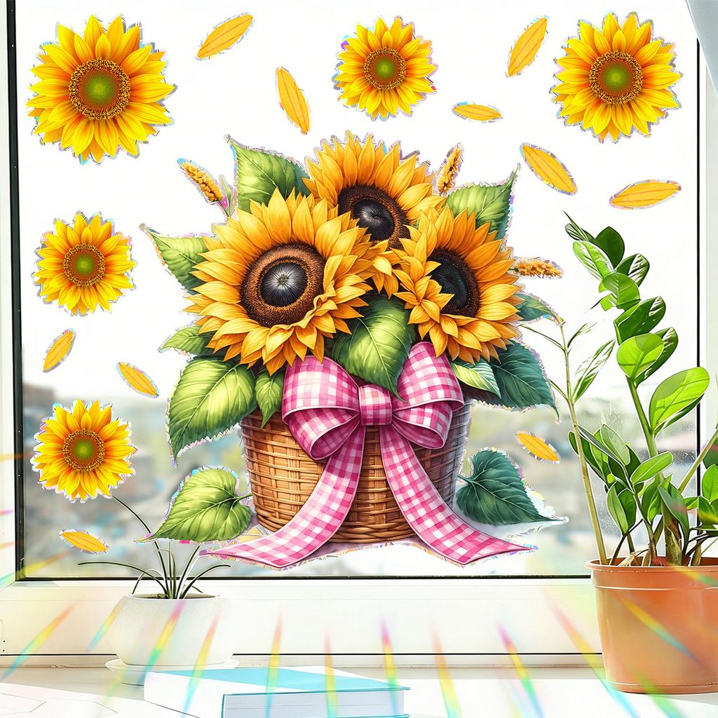 Static Cling Sunflower Basket Stickers for Balcony Bedroom Living Room Home Decor