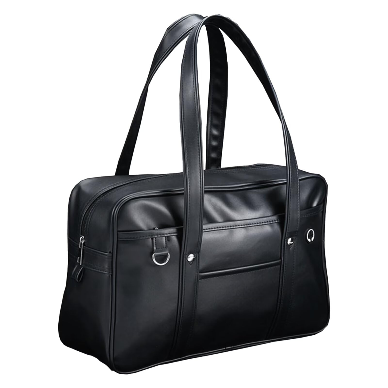 Sac d'école pour le lycée en synthétique format A4 Grande bandoulière avec rangement gaufré avec trou pour écouteurs gratuit étudiants, cuir, - capacité, noir