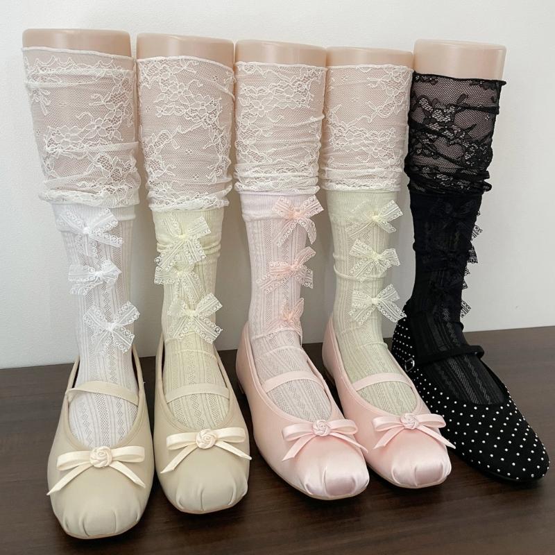 Chaussettes Dentelle Mi-Mollet pour Femmes avec Accent Ruban Style Décontracté Paire pour Tenue en Superposition Style Quotidien