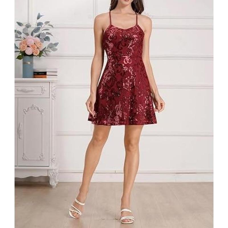 Women Sequined Loose V Neck Sleeveless Strap Cocktail Party Dress