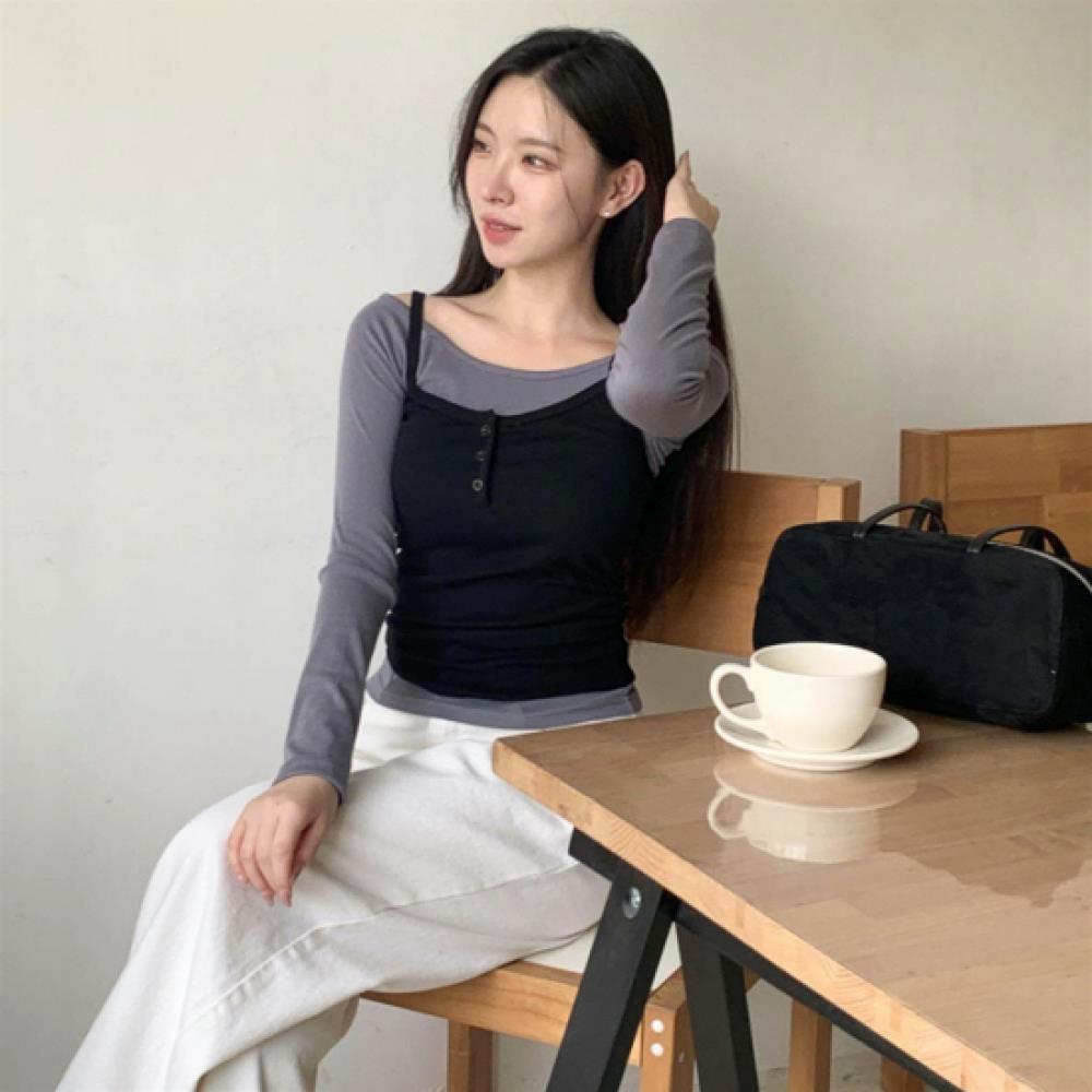 New Arrivals Open Run Women Layered Long Sleeve Tank T shirT Shoulder sTrap