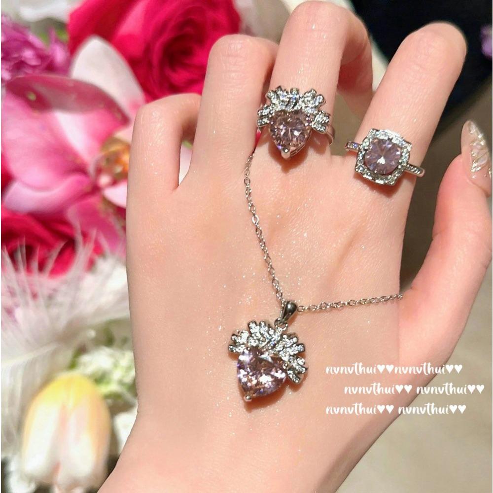 Papalacha, Pink Crystal Flower Bracelet, Rich Family Gold, 18K Gold Plated, Barbie Pink Strawberry Zircon Ring.