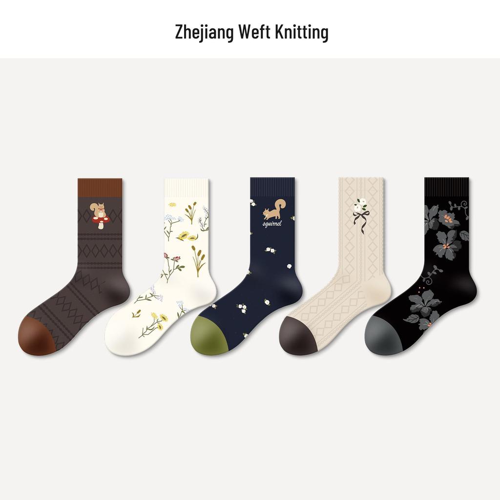 Damen Blumen Schleife Mid-Calf Socken - 5 Paar, Retro & Trendiges Color-Block Design