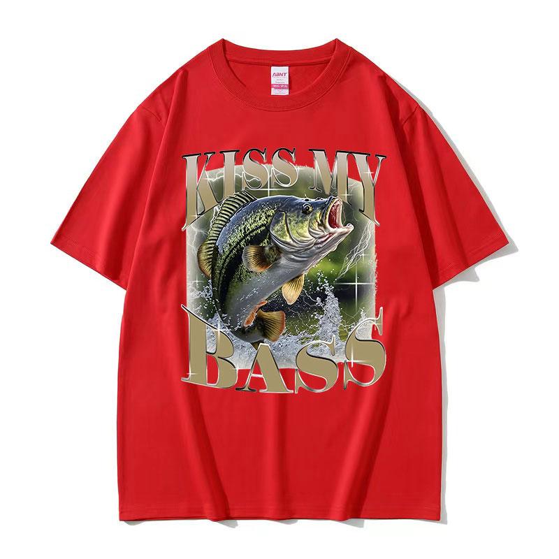 Kiss My Bass Fish Funny Meme T Shirt Retro Fishing Men Gift Retro Cotton Tshirt Unisex Tops fashion Casual High Quality Tshirt S