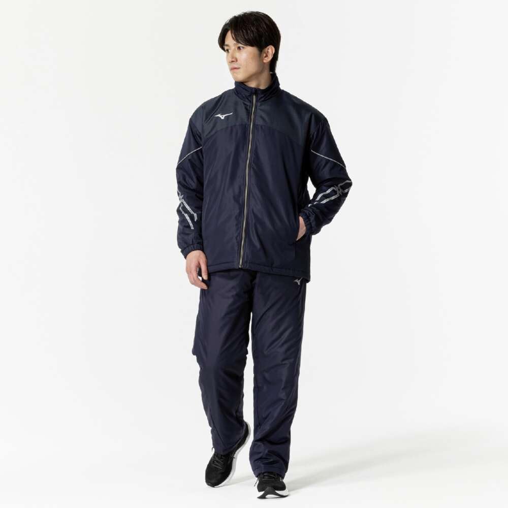 Mizuno Breath Thermo Training Warmer Jacket with and Windproof Deep Navy and Silver MC-LINE Wear, Moisture-Wicking, Heat-Generating, Water-Repellent,