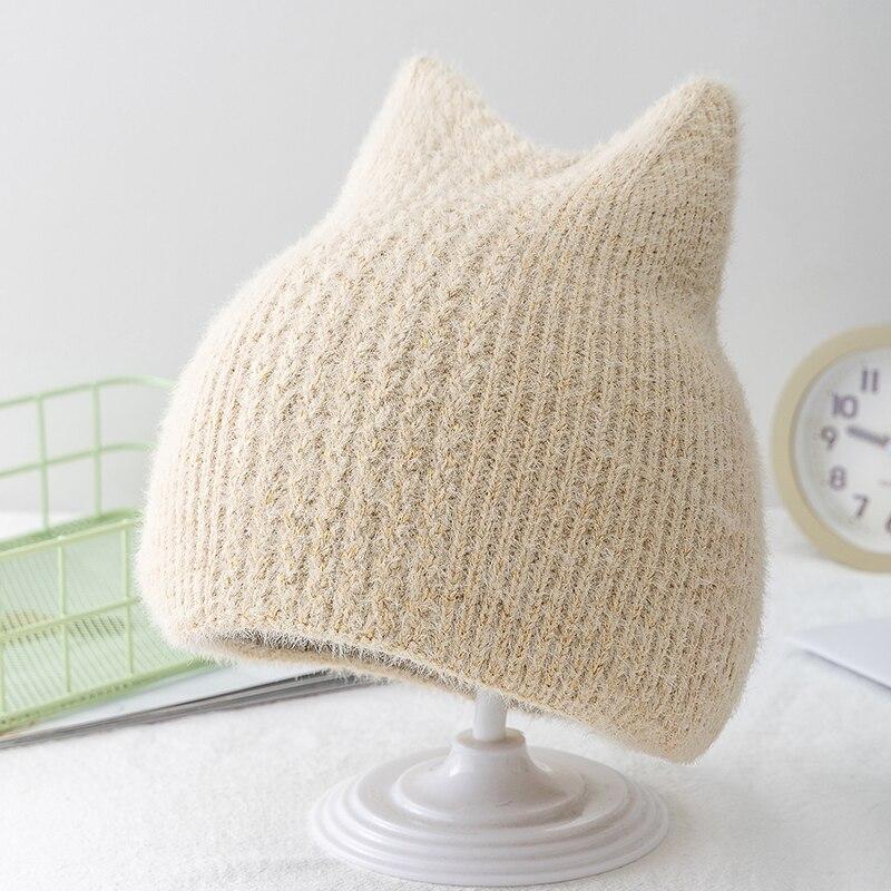 

Новая женская зимняя шапка с милыми кошачьими ушками, двухслойная шапка с кроличьим мехом, стильная мягкая шапка-бини для женщин, теплая вязаная шапка для девочек 54cm-62cm бежевый