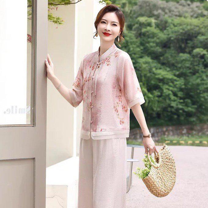 Stylish Summer Two-Piece Set: Casual T-Shirt & Wide Leg Pants for Middle-Aged Women