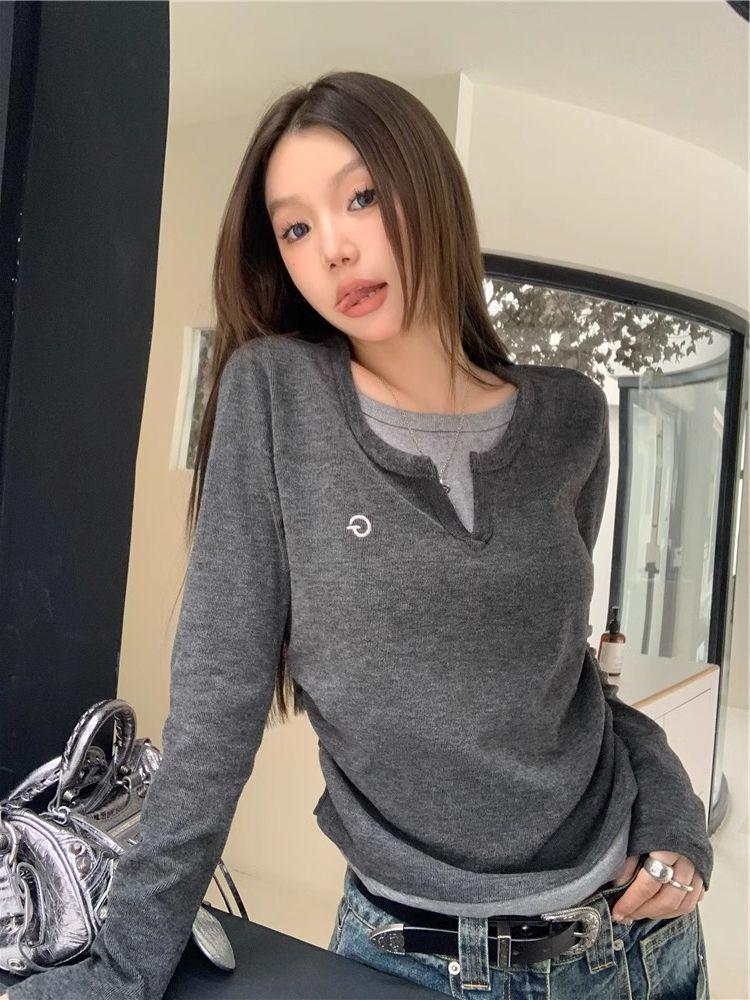 

2025 Women s Korean Style Slim-Fit Long-Sleeve Round Neck Two-Piece Look Top for Spring/Autumn Medium сірий колір