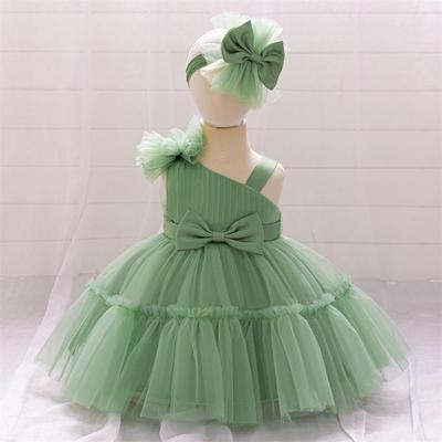 Vestido Formal Europeo y Americano para Bebés Niñas, de un Hombro con Lazo y Mangas Abullonadas, para el Primer Cumpleaños