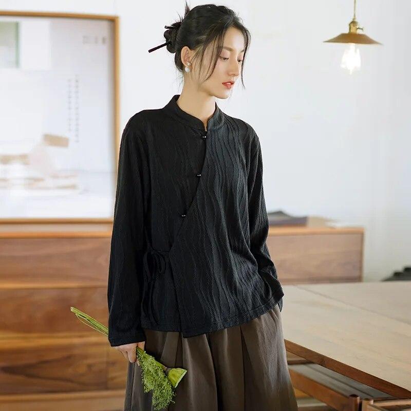 Johnature Chinese Style Vintage Frenulum Jacquard Collar Shirt Autumn Woman Solid Color Long Sleeves Shirt