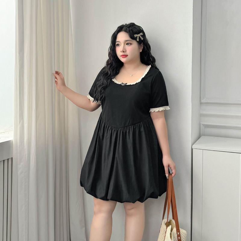 

Plus size women clothing [Romantic Flower Bud Skirt] Bow Lace Patchwork High Waist Short sleeve Short/Long Dress Classic Black-Short 6XL