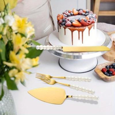 4pcs Elegant Wedding Cake Knife and Server Set with Pearl Ceramic Handles - Stainless Steel, Perfect for Cakes, Pies, and Special Occasions