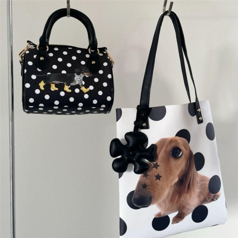 Ins Cute Dachshund Puppy Tote Bag Women Polka Dot Print PU Leather Large Capacity Shoulder Bag Ladies Durable Daily Shopping Bag