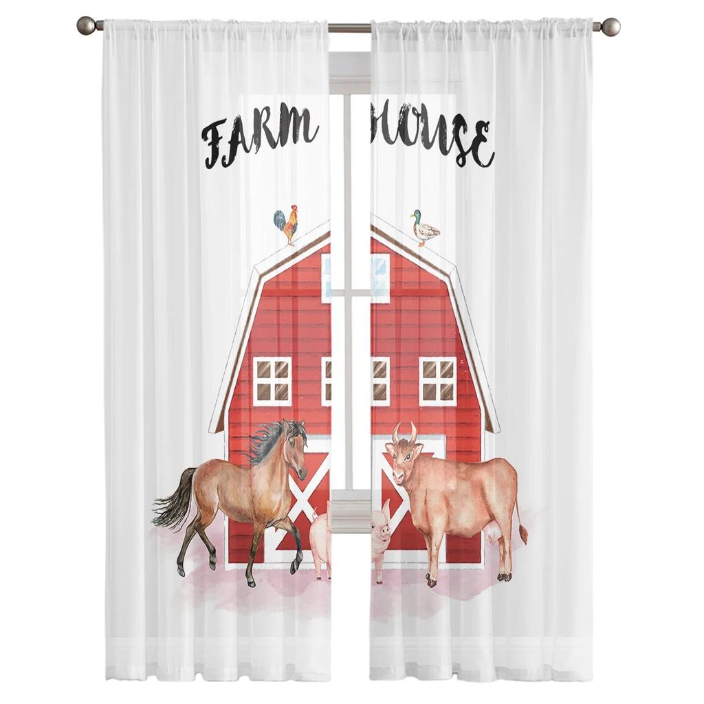 Watercolor Farm Animal Tulle Curtains Sheer Printed Drapes for Living Room Bedroom Balcony Hall Home Decor