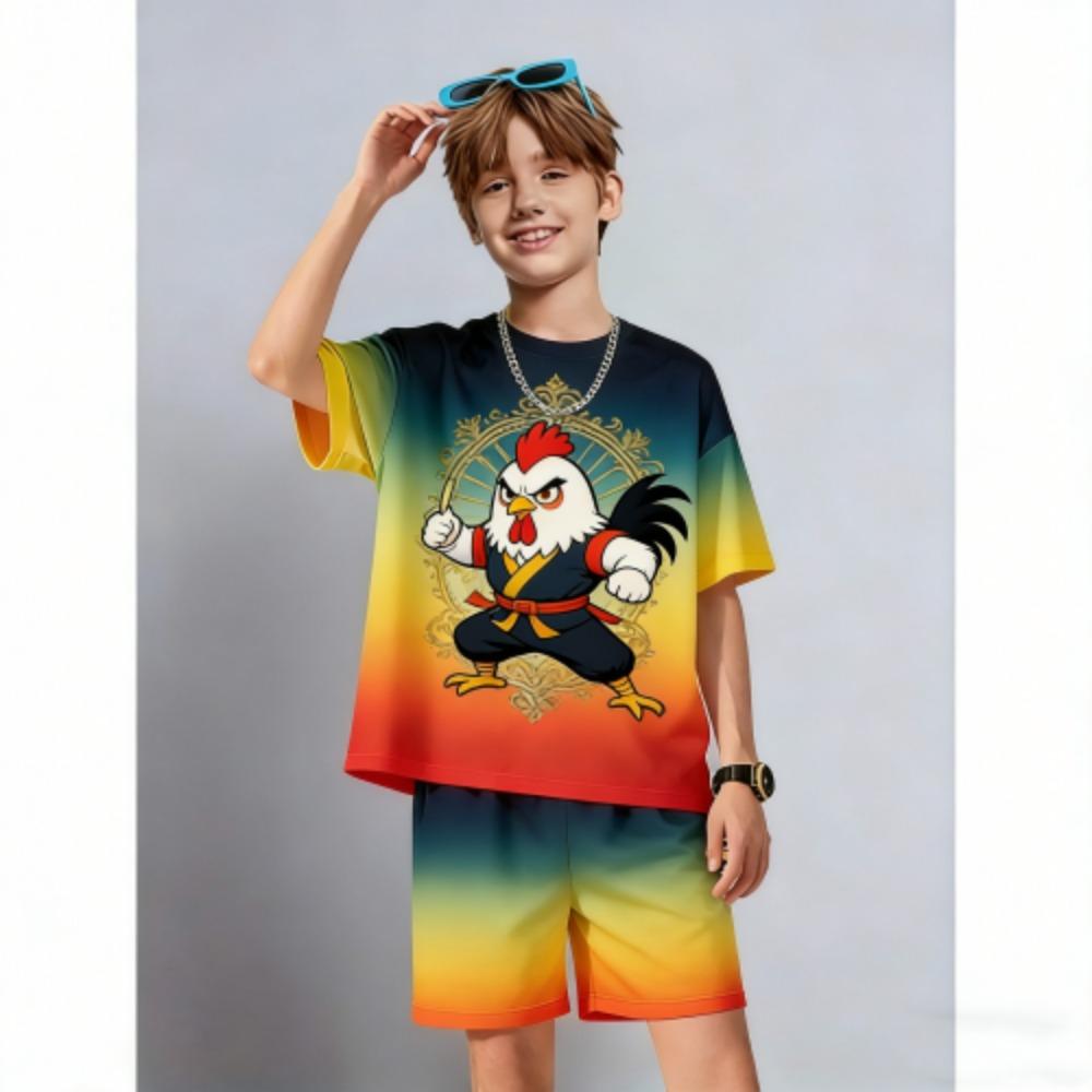 Kids Set Anime Cartoon Chicken Printed Kids T-shirt and Shorts 2 Piece Set Summer Casual Outdoor Boys and Girls Outfit Kids Clothing