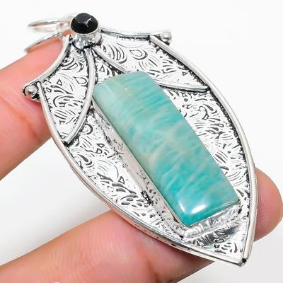 Natural Amazonite, Spinel Gemstone 925 Sterling Silver Pendant 3.03" v4Y29