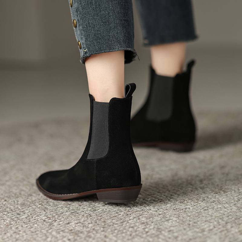 Krazing Pot Piele intoarsa de vaci iarna varf rotund gros tocuri joase cizme chelsea in crestere femei marime mare 41 botine la glezna