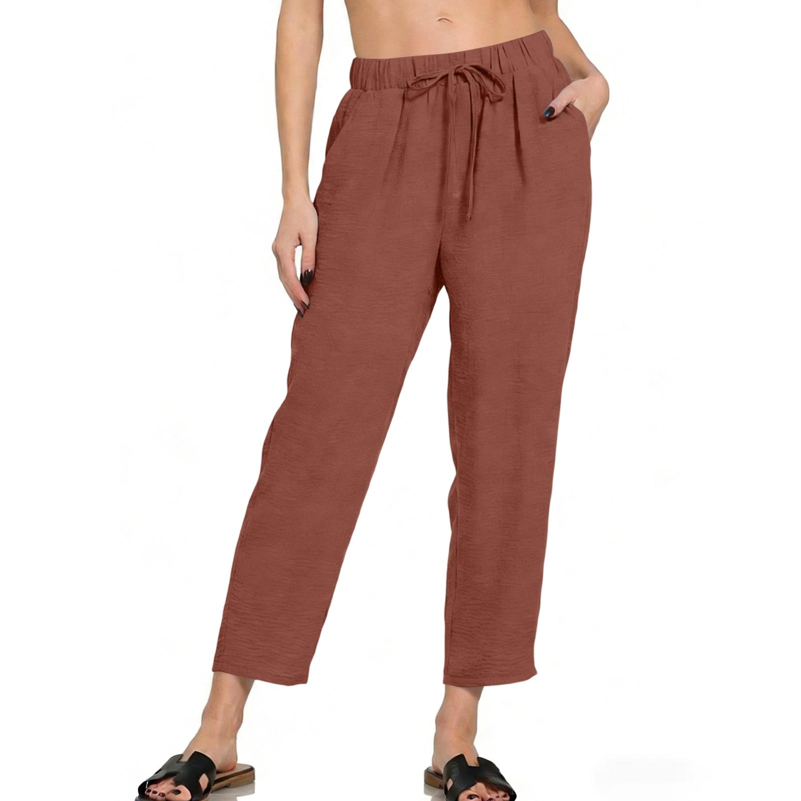 

Women s Slanted Pocket Elastic Waist Cropped Pants Casual Cotton And Linen Pants L винный